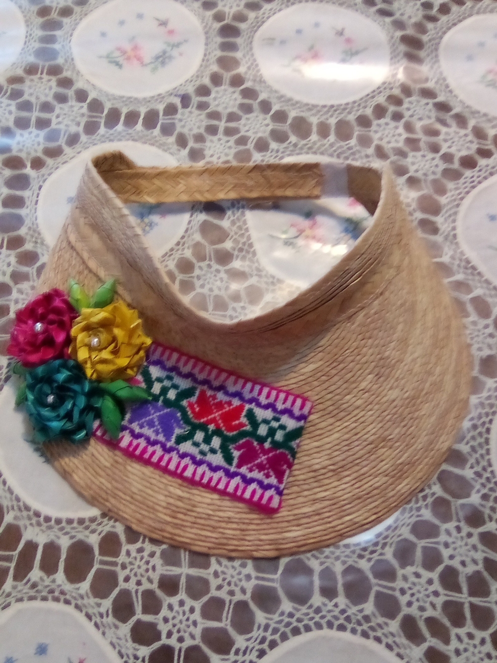 Handmade Straw Visor with Colorful Floral Embellishments ( Casa )